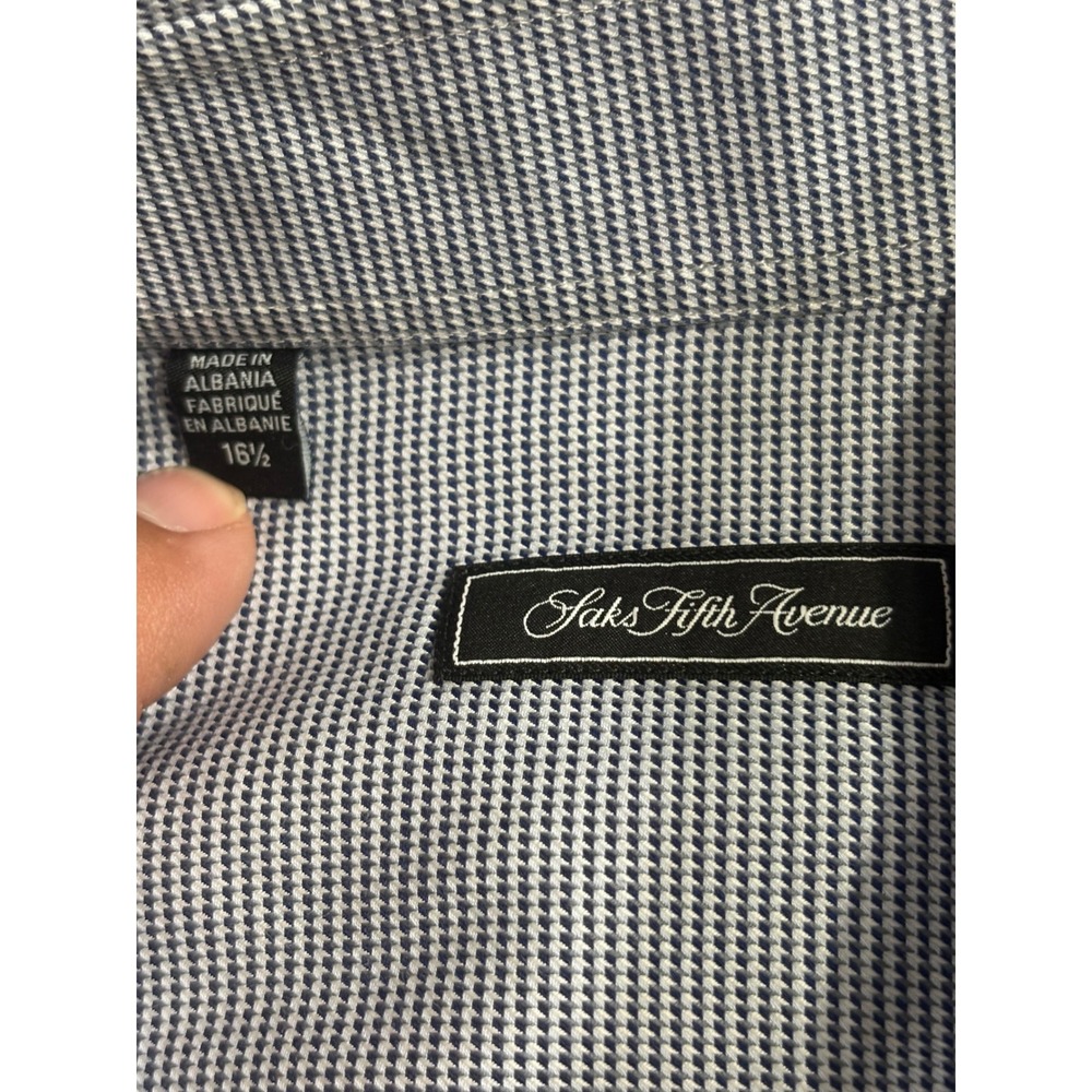 Saks Fifth Avenue Mens Blue White Micro Pattern Cotton Dress‎ Shirt 16.5 34/35 - Picture 2 of 5